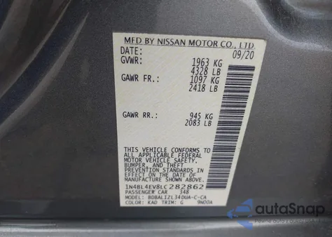 2020 Nissan Altima Sl Fwd from USA, damaged, VIN 1N4BL4EV8LC282862